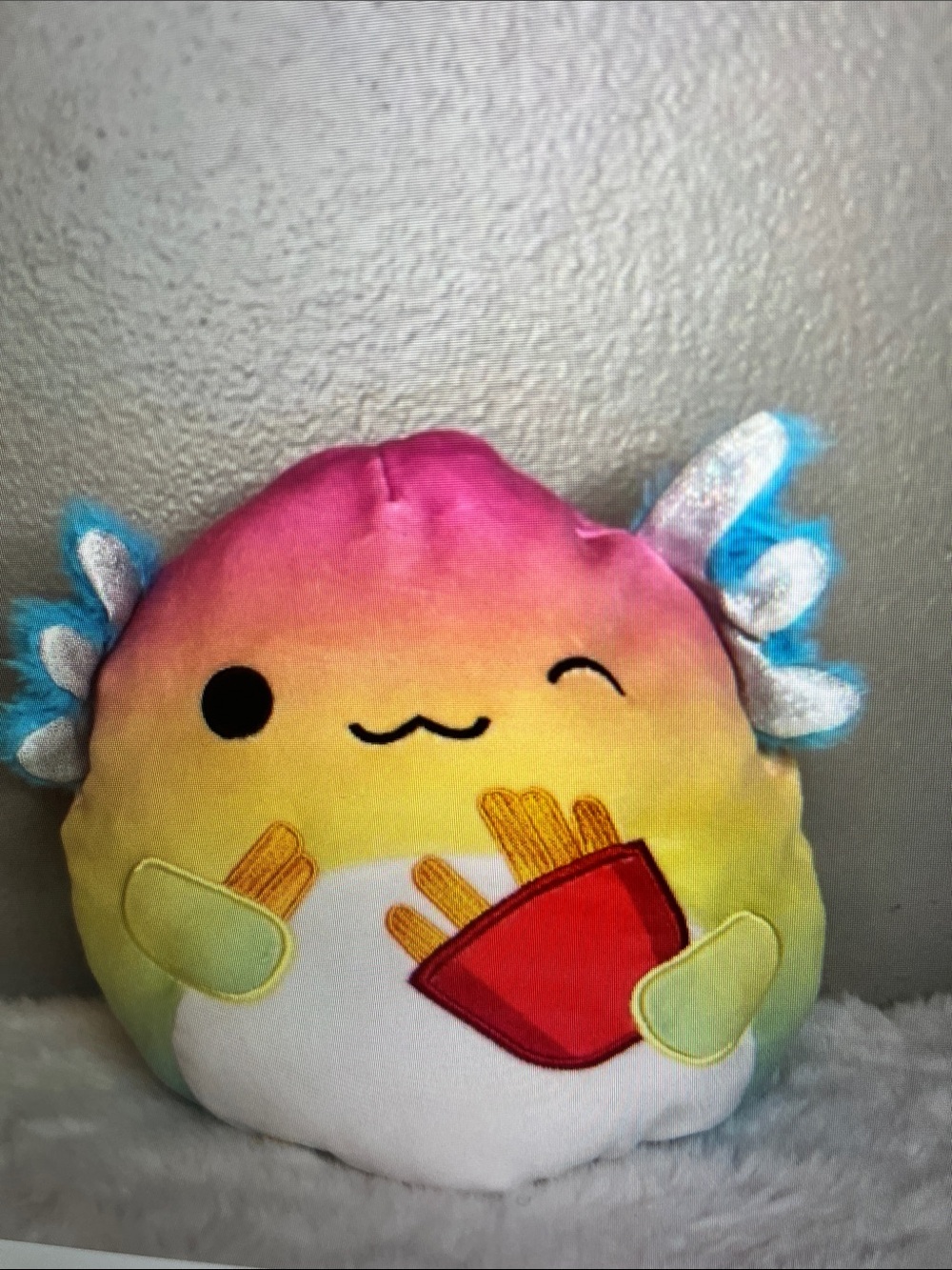 BDG Rainbow Winged Plush with Fries Applique - Pink Yellow Blue Cream